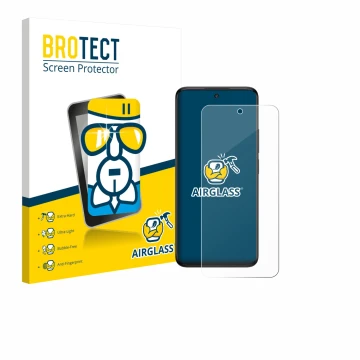 Parte frontal de un envase de producto con el logotipo de la marca BROTECT. Al lado se muestra el dispositivo TCL 60 5G con su