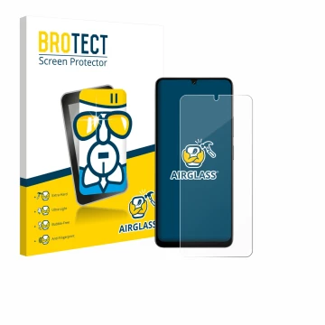 Parte frontal de un envase de producto con el logotipo de la marca BROTECT. Al lado se muestra el dispositivo Doogee Note 59 P