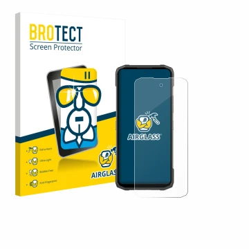 Parte frontal de un envase de producto con el logotipo de la marca BROTECT. Al lado se muestra el dispositivo Doogee Blade 20 