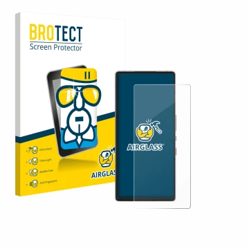 Parte frontal de un envase de producto con el logotipo de la marca BROTECT. Al lado se muestra el dispositivo ZTE Nubia Red Ma