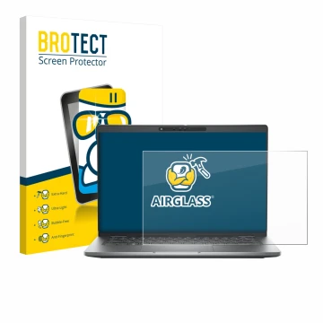 Parte frontal de un envase de producto con el logotipo de la marca BROTECT. Al lado se muestra el dispositivo Dell Latitude 53