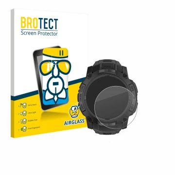 Parte frontal de un envase de producto con el logotipo de la marca BROTECT. Al lado se muestra el dispositivo Garmin Instinct 