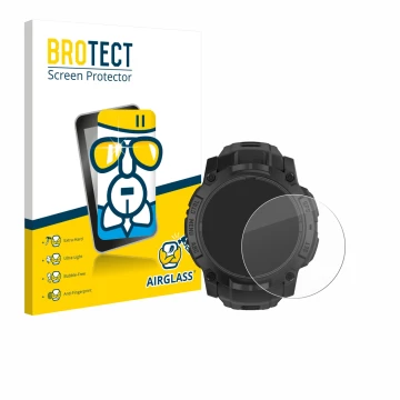 Parte frontal de un envase de producto con el logotipo de la marca BROTECT. Al lado se muestra el dispositivo Garmin Instinct 