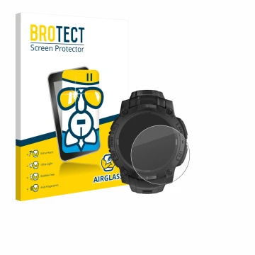 Parte frontal de un envase de producto con el logotipo de la marca BROTECT. Al lado se muestra el dispositivo Garmin Instinct 