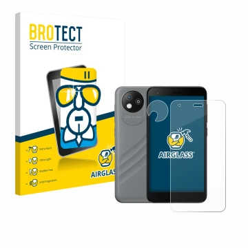 Parte frontal de un envase de producto con el logotipo de la marca BROTECT. Al lado se muestra el dispositivo ZTE Blade A35 li