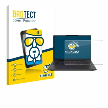 Parte frontal de un envase de producto con el logotipo de la marca BROTECT. Al lado se muestra el dispositivo Lenovo ThinkPad 