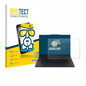 Parte frontal de un envase de producto con el logotipo de la marca BROTECT. Al lado se muestra el dispositivo Lenovo ThinkPad 