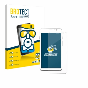 Parte frontal de un envase de producto con el logotipo de la marca BROTECT. Al lado se muestra el dispositivo Pax CCV Fly A77 