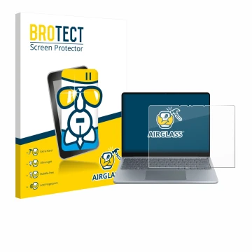 Parte frontal de un envase de producto con el logotipo de la marca BROTECT. Al lado se muestra el dispositivo Microsoft Surfac