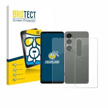 Parte frontal de un envase de producto con el logotipo de la marca BROTECT. Al lado se muestra el dispositivo Sony Xperia 1 VI