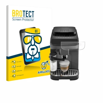 Parte frontal de un envase de producto con el logotipo de la marca BROTECT. Al lado se muestra el dispositivo DeLonghi Magnifi