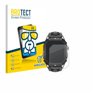 Parte frontal de un envase de producto con el logotipo de la marca BROTECT. Al lado se muestra el dispositivo Oukitel BT80 con
