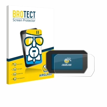 Parte frontal de un envase de producto con el logotipo de la marca BROTECT. Al lado se muestra el dispositivo Ducati V4 Rally 