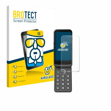 Parte frontal de un envase de producto con el logotipo de la marca BROTECT. Al lado se muestra el dispositivo Doro Aurora A20 
