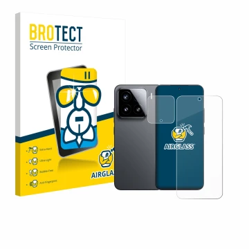 Parte frontal de un envase de producto con el logotipo de la marca BROTECT. Al lado se muestra el dispositivo Xiaomi 15 (Front