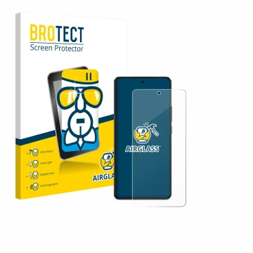 Parte frontal de un envase de producto con el logotipo de la marca BROTECT. Al lado se muestra el dispositivo realme GT 7 con 