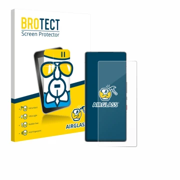 Parte frontal de un envase de producto con el logotipo de la marca BROTECT. Al lado se muestra el dispositivo ZTE Nubia Red Ma