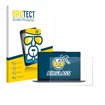 Parte frontal de un envase de producto con el logotipo de la marca BROTECT. Al lado se muestra el dispositivo Lenovo Yoga Slim