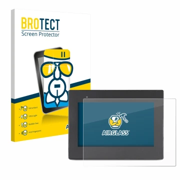 Parte frontal de un envase de producto con el logotipo de la marca BROTECT. Al lado se muestra el dispositivo Weintek cMT2078x
