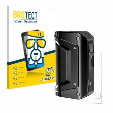 Parte frontal de un envase de producto con el logotipo de la marca BROTECT. Al lado se muestra el dispositivo GeekVape Aegis L