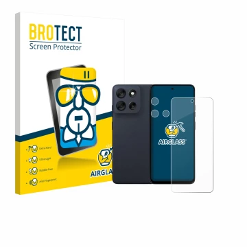 Parte frontal de un envase de producto con el logotipo de la marca BROTECT. Al lado se muestra el dispositivo Motorola Moto G5