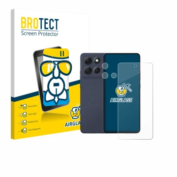 Parte frontal de un envase de producto con el logotipo de la marca BROTECT. Al lado se muestra el dispositivo Motorola Moto G8