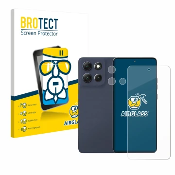 Parte frontal de un envase de producto con el logotipo de la marca BROTECT. Al lado se muestra el dispositivo Motorola Moto G8