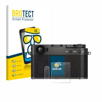 Parte frontal de un envase de producto con el logotipo de la marca BROTECT. Al lado se muestra el dispositivo Fujifilm X Half 