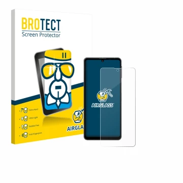 Parte frontal de un envase de producto con el logotipo de la marca BROTECT. Al lado se muestra el dispositivo Sharp Aquos Sens