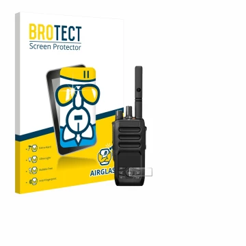 Parte frontal de un envase de producto con el logotipo de la marca BROTECT. Al lado se muestra el dispositivo Motorola MOTOTRB