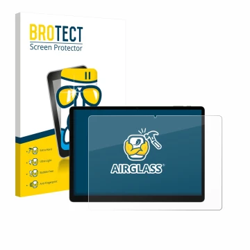 Parte frontal de un envase de producto con el logotipo de la marca BROTECT. Al lado se muestra el dispositivo Doogee Tab E3 Ma