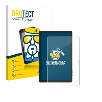 Parte frontal de un envase de producto con el logotipo de la marca BROTECT. Al lado se muestra el dispositivo Doogee Tab E3 Pr