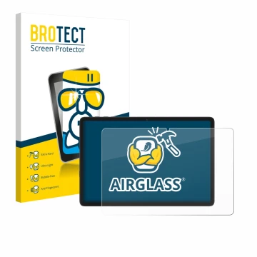 Parte frontal de un envase de producto con el logotipo de la marca BROTECT. Al lado se muestra el dispositivo Tabwee T20 10.1