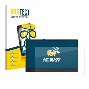 Parte frontal de un envase de producto con el logotipo de la marca BROTECT. Al lado se muestra el dispositivo ASUS ZenScreen M