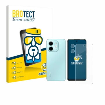 Parte frontal de un envase de producto con el logotipo de la marca BROTECT. Al lado se muestra el dispositivo Infinix Smart 9 