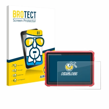 Parte frontal de un envase de producto con el logotipo de la marca BROTECT. Al lado se muestra el dispositivo Launch X-431 Pro