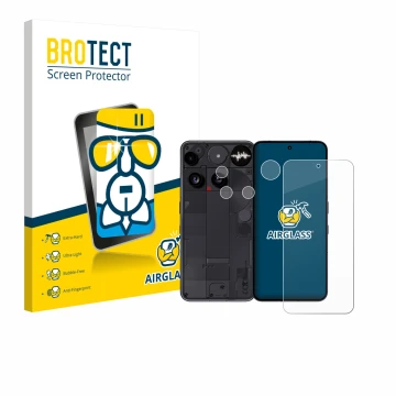 Parte frontal de un envase de producto con el logotipo de la marca BROTECT. Al lado se muestra el dispositivo Nothing Phone (3