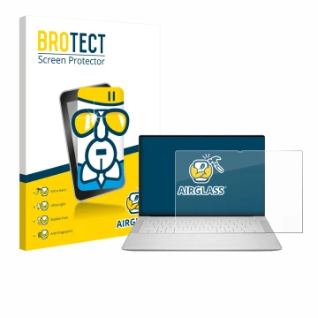 Parte frontal de un envase de producto con el logotipo de la marca BROTECT. Al lado se muestra el dispositivo Dell 14 Premium 