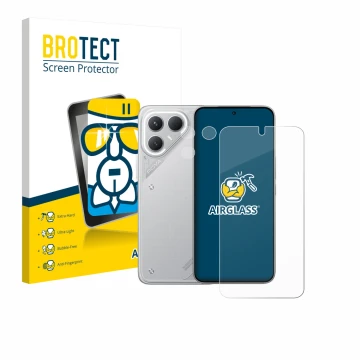 Parte frontal de un envase de producto con el logotipo de la marca BROTECT. Al lado se muestra el dispositivo Tecno Pova 7 Pro