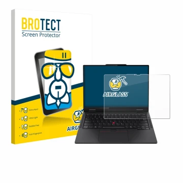 Parte frontal de un envase de producto con el logotipo de la marca BROTECT. Al lado se muestra el dispositivo Lenovo ThinkPad 