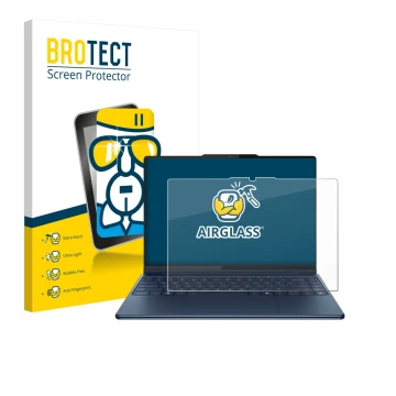 Parte frontal de un envase de producto con el logotipo de la marca BROTECT. Al lado se muestra el dispositivo Lenovo Yoga Pro 