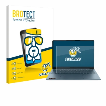 Parte frontal de un envase de producto con el logotipo de la marca BROTECT. Al lado se muestra el dispositivo Lenovo Yoga Slim