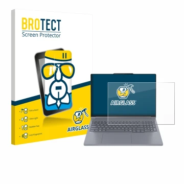 Parte frontal de un envase de producto con el logotipo de la marca BROTECT. Al lado se muestra el dispositivo Lenovo ThinkBook