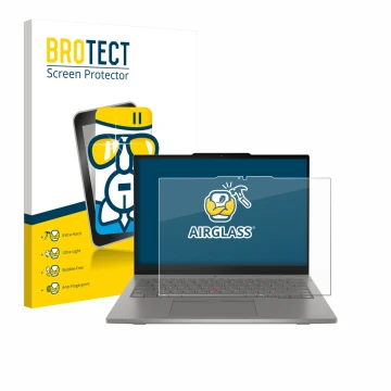 Parte frontal de un envase de producto con el logotipo de la marca BROTECT. Al lado se muestra el dispositivo Lenovo ThinkPad 