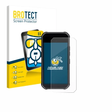 Parte frontal de un envase de producto con el logotipo de la marca BROTECT. Al lado se muestra el dispositivo SkyCaddie Pro 5X