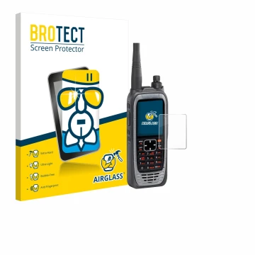 Parte frontal de un envase de producto con el logotipo de la marca BROTECT. Al lado se muestra el dispositivo Icom IC-A25NE /I