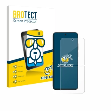 Parte frontal de un envase de producto con el logotipo de la marca BROTECT. Al lado se muestra el dispositivo Xiaomi MIX Flip 