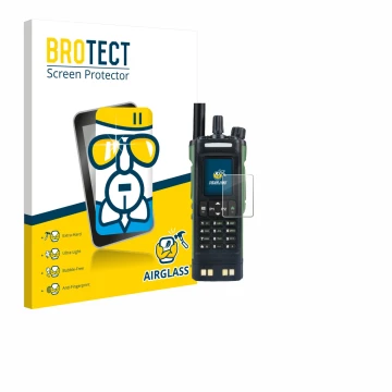 Parte frontal de un envase de producto con el logotipo de la marca BROTECT. Al lado se muestra el dispositivo Baofeng DM-32 co