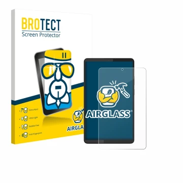 Parte frontal de un envase de producto con el logotipo de la marca BROTECT. Al lado se muestra el dispositivo Lenovo Tab One 8