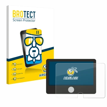 Parte frontal de un envase de producto con el logotipo de la marca BROTECT. Al lado se muestra el dispositivo Dynavin D9-DCX P